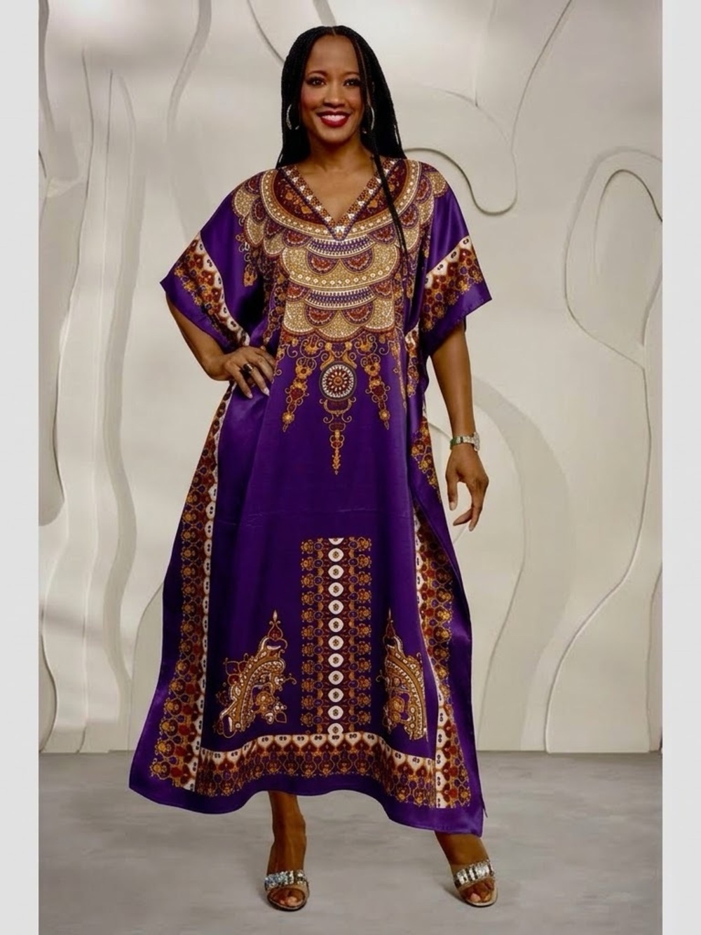 NWT Elegant Rich purple Maxi Caftan Dress W Ornate gold Medallion designs OS